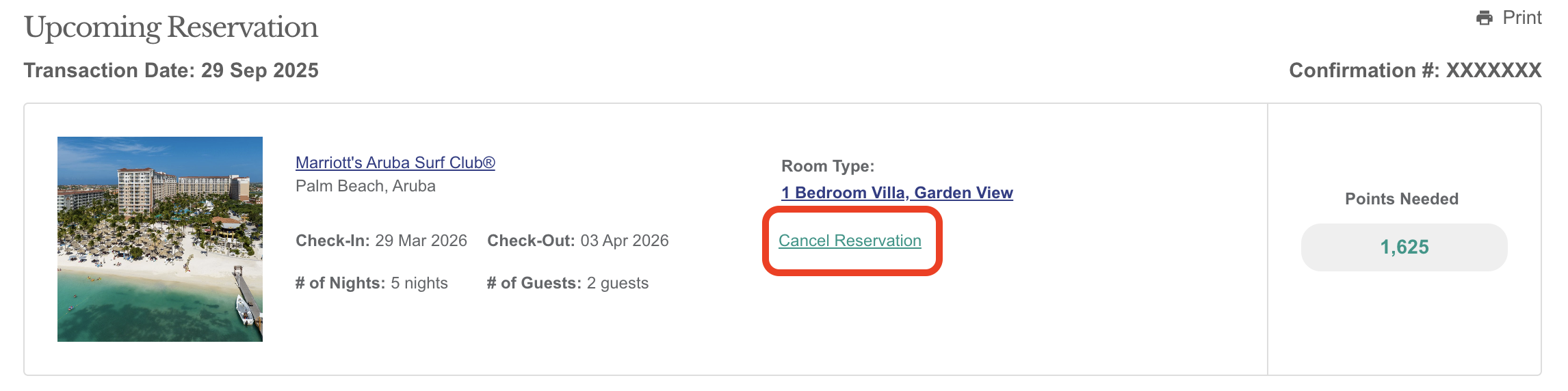 Upcoming Reservation - Cancel Reservation button