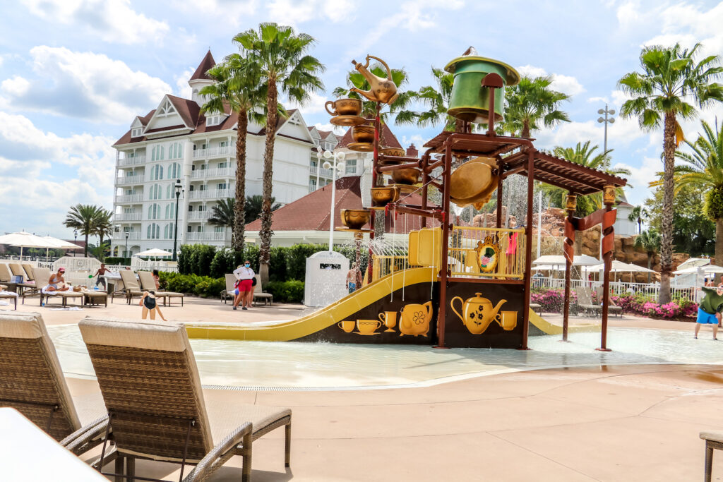 The Grand Floridian Pool is themed to feature Alice In Wonderland Imagery