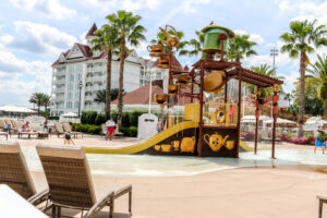 The Grand Floridian Pool is themed to feature Alice In Wonderland Imagery
