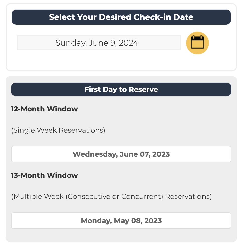 Marriott Canyon Villas Inventory Release Calendar for Sunday, June 9th, 2024