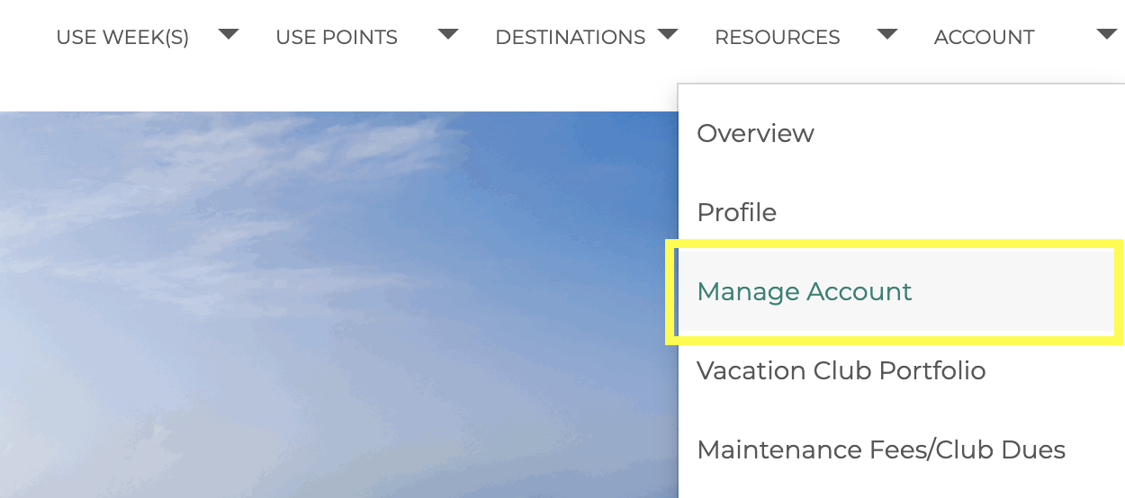 Manage Account menu item - Marriott owner website