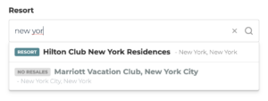 Resort search dropdown with active inventory indicator